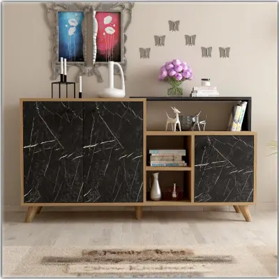 Lilium Sideboard with Cabinets and Shelves - Walnut & Black Marble Effect