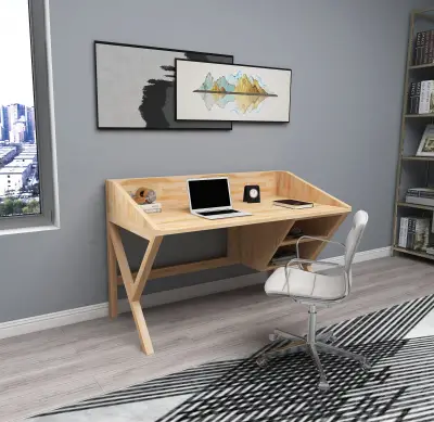 Ivo Wood Computer Desk with Front Bar and Shelves - Natural