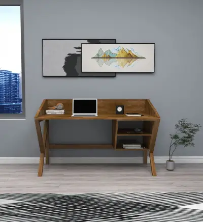 Ivo Wood Computer Desk with Front Bar and Shelves - Walnut