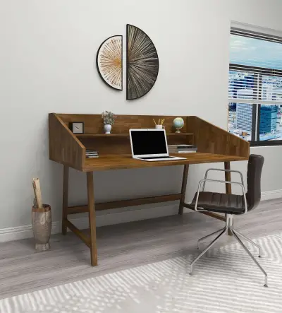 Nashy Wood Computer Desk with Front Bar Shelf - Walnut