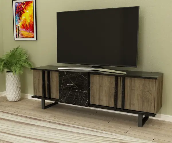 Fido TV Stand with Cabinet Shelves - Walnut & Black Marble Effect