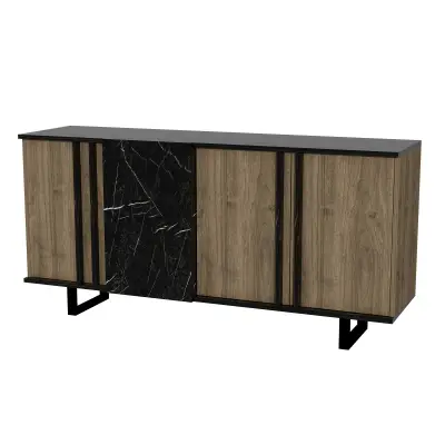 Fido Sideboard with Cabinets and Shelves - Walnut & Black Marble Effect