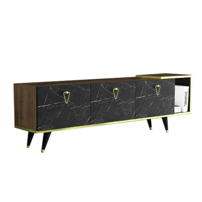 Agnus TV stand with Cabinets and Shelf - Walnut & Black Marble Effect