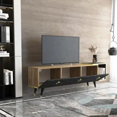 Agnus TV stand with Cabinets and Shelf - Walnut & Black Marble Effect