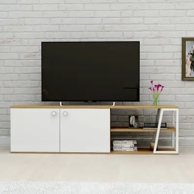 Avena TV Stand with Cabinets and Shelves - White & Oak