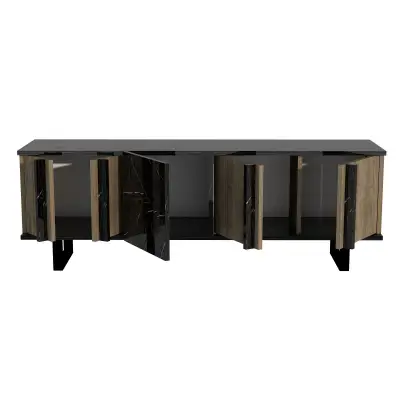 Fido TV Stand with Cabinet Shelves - Walnut & Black Marble Effect