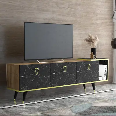 Agnus TV stand with Cabinets and Shelf - Walnut & Black Marble Effect