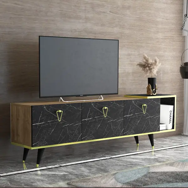 Agnus TV stand with Cabinets and Shelf - Walnut & Black Marble Effect