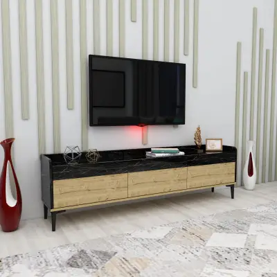 Kara TV Stand with Cabinets - Black Marble Effect & Oak