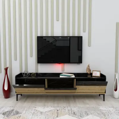 Kara TV Stand with Cabinets - Black Marble Effect & Oak