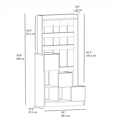 Odina Hallway Coat Rack with Cabinet and Shelves - White & Walnut