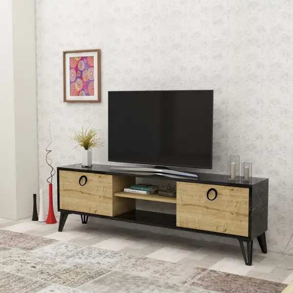 Tonbo TV Stand and Media Console - Black Marble Effect & Oak