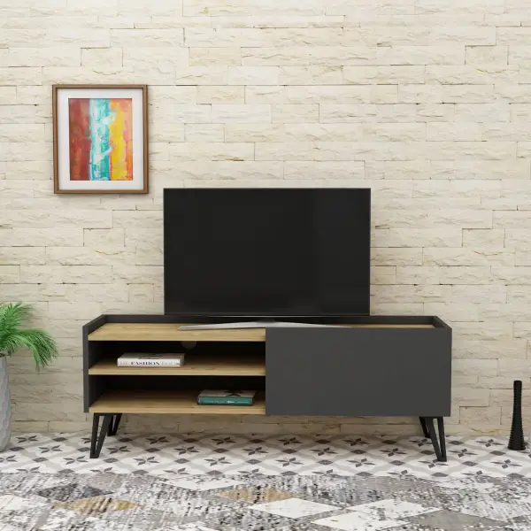 Cavera TV Stand with Cabinet and Shelves - Anthracite & Oak