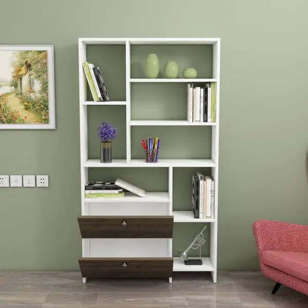 Julian Bookcase with Cabinets and Shelves - White & Walnut