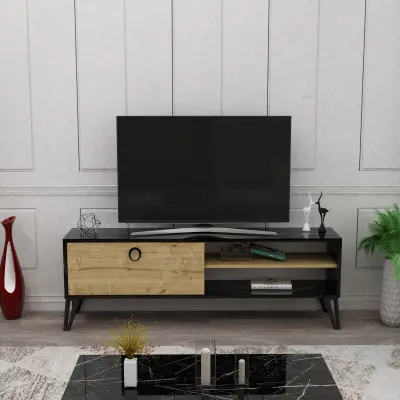 Oslo TV Stand with Cabinet and Shelves - Black Marble Effect & Oak