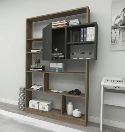 Douro Bookcase with Cabinet and Shelves - Walnut & Anthracite