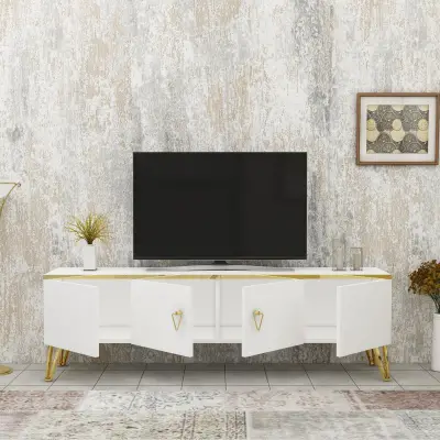 Apine TV Stand with Cabinets - White & Gold Band