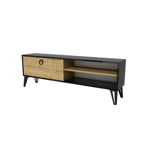 Oslo TV Stand with Cabinet and Shelves - Black Marble Effect & Oak
