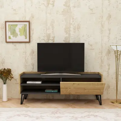 Pivotal TV Stand and Media Console with Cabinet and Shelves - Oak & Anthracite