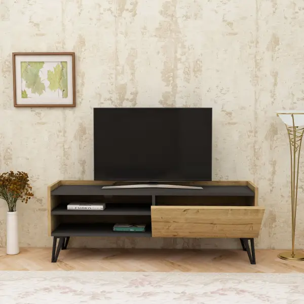 Pivotal TV Stand and Media Console with Cabinet and Shelves - Oak & Anthracite