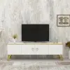 Apine TV Stand with Cabinets - White & Gold Band