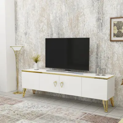 Apine TV Stand with Cabinets - White & Gold Band