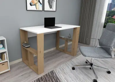 Ocean Computer Desk with Shelves - White & Sapphire Oak