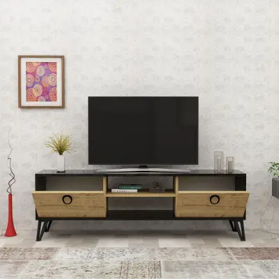 Tonbo TV Stand and Media Console - Black Marble Effect & Oak