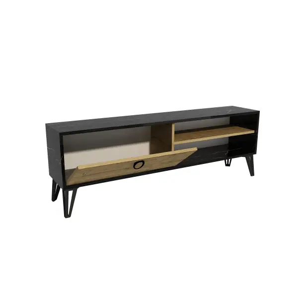 Oslo TV Stand with Cabinet and Shelves - Black Marble Effect & Oak