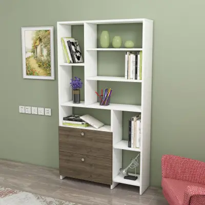 Julian Bookcase with Cabinets and Shelves - White & Walnut