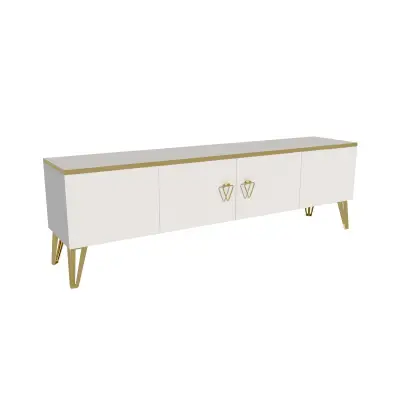 Apine TV Stand with Cabinets - White & Gold Band