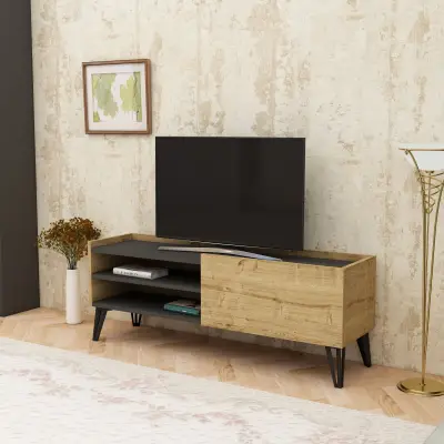 Pivotal TV Stand and Media Console with Cabinet and Shelves - Oak & Anthracite