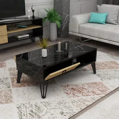 DISCONTINUED - Oslo Coffee Table with Storage Shelf and Metal Legs - Black Marble Effect & Oak