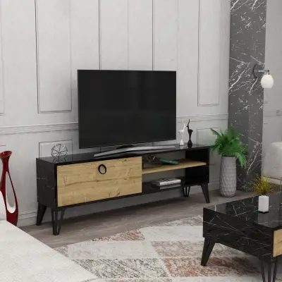 Oslo TV Stand with Cabinet and Shelves - Black Marble Effect & Oak