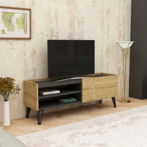 Pivotal TV Stand and Media Console with Cabinet and Shelves - Oak & Anthracite