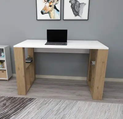 Ocean Computer Desk with Shelves - White & Sapphire Oak