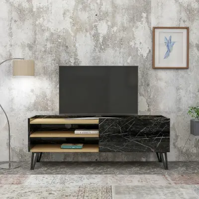 Jannu TV Stand and Media Console - Black Marble Effect & Oak