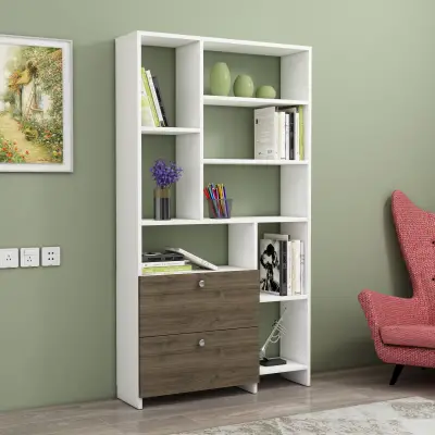 Julian Bookcase with Cabinets and Shelves - White & Walnut