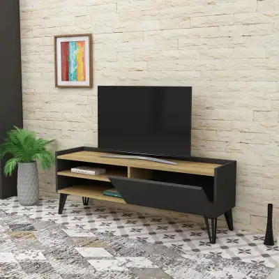 Cavera TV Stand with Cabinet and Shelves - Anthracite & Oak