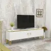 Apine TV Stand with Cabinets - White & Gold Band