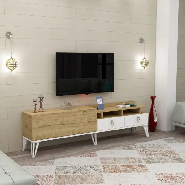Corona TV Stand with Cabinets and Shelves - Oak & White