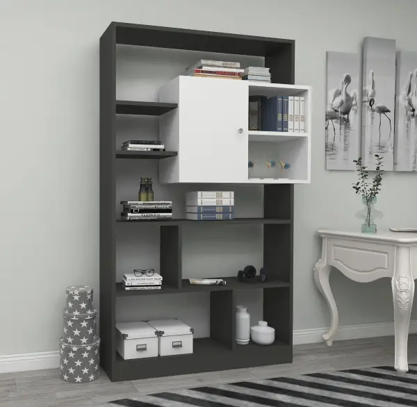 Douro Bookcase with Cabinet and Shelves - Anthracite & White