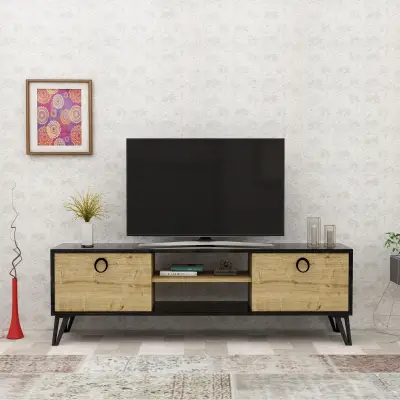 Tonbo TV Stand and Media Console - Black Marble Effect & Oak