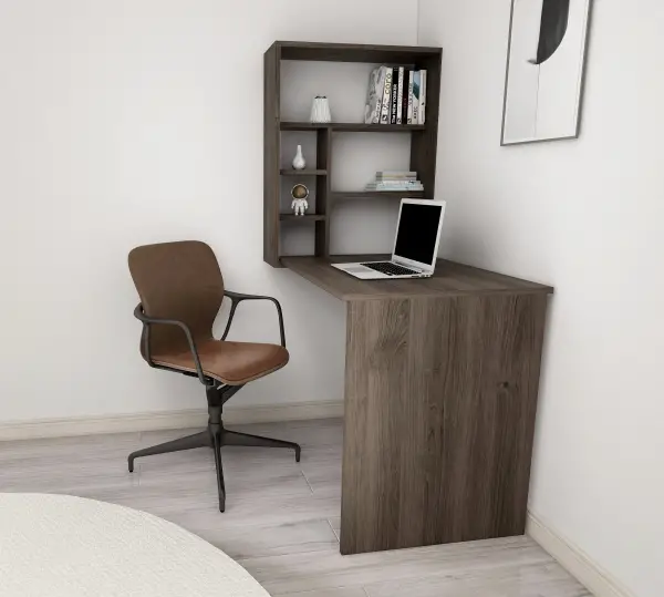 Merril Wall Mounted Foldable Computer Desk with Shelves - Walnut