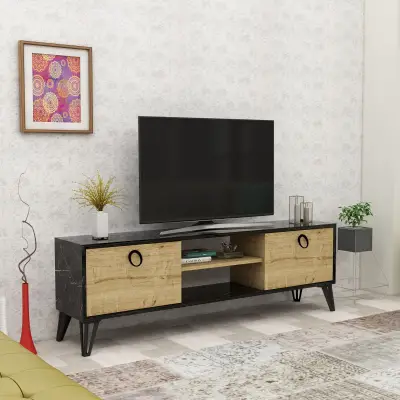 Tonbo TV Stand and Media Console - Black Marble Effect & Oak