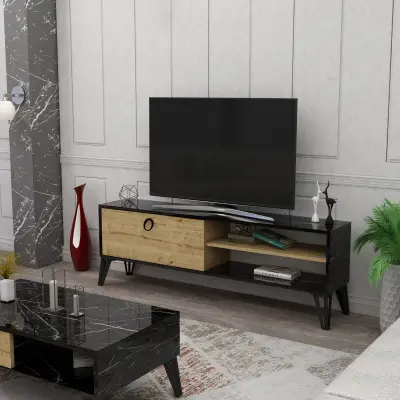 Oslo TV Stand with Cabinet and Shelves - Black Marble Effect & Oak