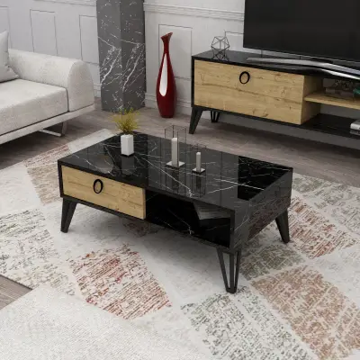 DISCONTINUED - Oslo Coffee Table with Storage Shelf and Metal Legs - Black Marble Effect & Oak