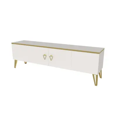 Apine TV Stand with Cabinets - White & Gold Band