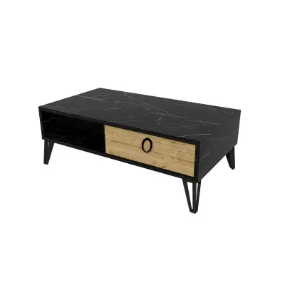 DISCONTINUED - Oslo Coffee Table with Storage Shelf and Metal Legs - Black Marble Effect & Oak