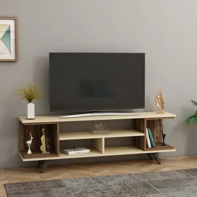 Whalen TV Stand with Open Shelves - Light Walnut & Beige